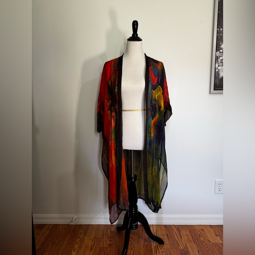 Dilemma NY 100% Silk Sheer Open Front Kimono Shawl – Vibrant Abstract Print